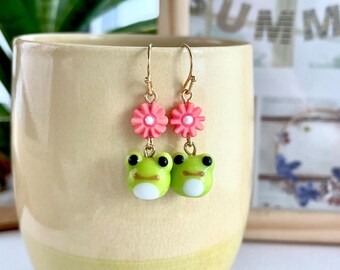 Tiny Frog Earrings: Handmade Lampwork Glass Animal,  Natural Shell Daisy Flower, Toad Jewelry