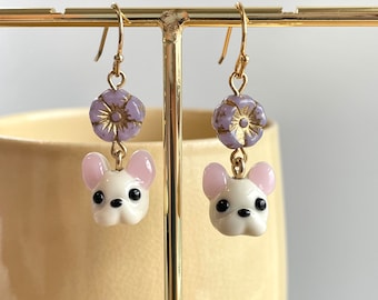 French Bulldog Earrings: Handmade Lampwork Glass Dog, Animal Jewelry