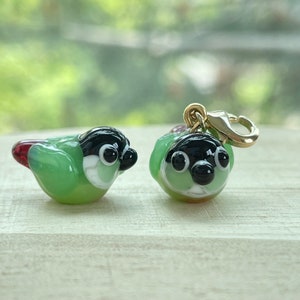 Green-Cheeked Conure Glass Beads, Tiny, Clip On / Keychain / Phone Strap Charm, Handmade Lampwork, Cute Parakeet Miniature Accessories, Gift