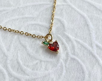 Apple Necklace, Tiny, Cubic Zirconia, Gold Plated, Red, Dainty, Cute, Kawaii, Fruit, Food, Apple Jewelry, Gift for Teacher