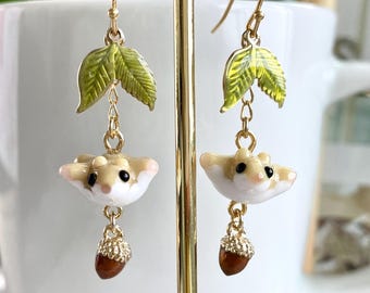 Fly Squirrel Earrings with Nuts: Handmade Lampwork Glass Miniature Animal Jewelry