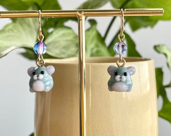 Adorable Chinchilla Earrings, Handmade Lampwork Glass Beads, Unique Lanigera Animal Miniature Jewelry