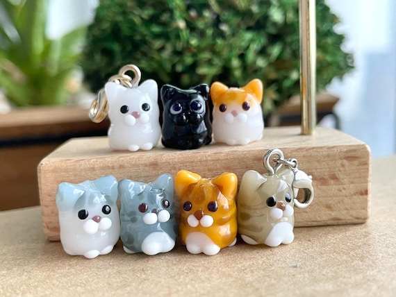 Handmade Lampwork Glass Tabby Cat Bead: Clip-On Charm, Zipper Pull, Keychain, Phone, Purse Accessory