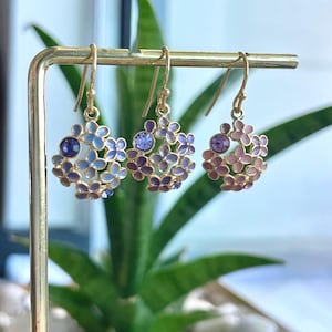 Hydrangea Earrings, Gold Plated Blue / Pink / Purple Enamel Flower Jewelry, Gift for Her