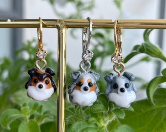 Sheltie Lever Back Earrings: Tiny Handmade Lampwork Glass Miniature Sheepdog Animal Jewelry