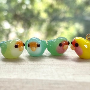 Rosy-Face / Peach-Face Lovebird Glass Beads, Tiny, Turquoise, Green, Yellow, Blue Parrot Accessory, Clip On / Keychain / Phone Strap Charm