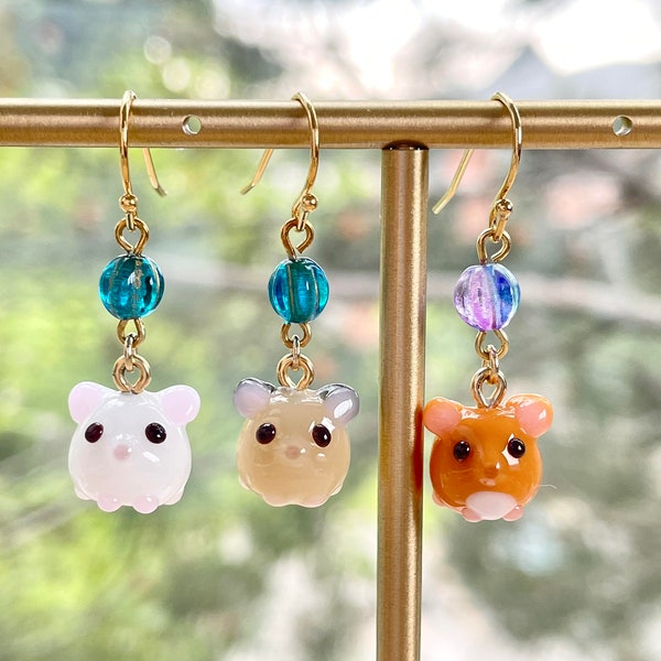 Hamster Earrings, Blonde / Brown / White Hamster, Handmade Glass Beads, Unique, Cute, Miniature, Lampwork, Animal, Hamster Jewelry, Gift