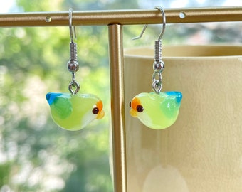 Sea Green Lovebird Earrings: Tiny Handmade Lampwork Glass Miniature Bird Parrot Jewelry