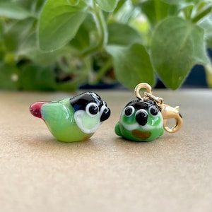 Lampwork Glass Green Cheeked Conure Bead: Clip On Charm, Zipper Pull, Keychain, Phone Accessory