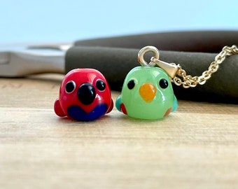 Tiny Eclectus Parrot Necklace (9x11mm): Handmade Lampwork Glass Miniature Moluccan Bird Jewelry