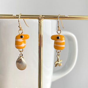 Garden Eel Earrings: Handmade Glass Bead, Gold Plated Starfish & Shell