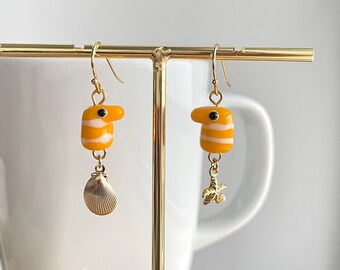 Garden Eel Earrings: Handmade Glass Bead, Gold Plated Starfish & Shell