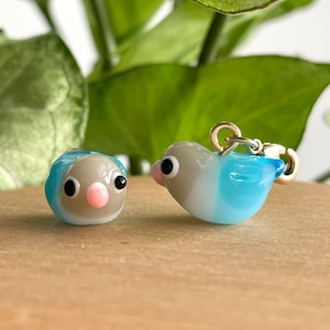 May include: Two small glass bird charms, one blue and one gray with pink accents. The blue bird charm is attached to a silver chain.