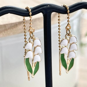 Lily of the Valley Threader Earrings, Gold Plated, White Enamel Bell Shape Flower, May Birth Flower, Birthday Gift for Her