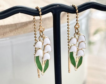 Lily of the Valley Threader Earrings: Gold Plated White Enamel Flower