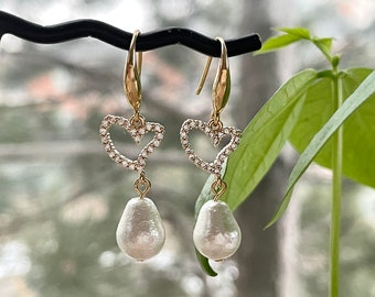 Heart Cubic Zirconia Earrings with Japanese Cotton Pearl, Gold / Silver Plated, Classy Heart Jewelry
