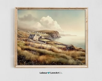 Irish Countryside Watercolor Print | Rolling Hills, Coastal Landscape (Digital Download)
