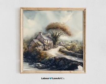 Irish Countryside Watercolor Print | Stone Cottage, Arched Bridge (Digital Download)