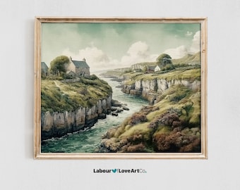 Irish Countryside Watercolor Print | Cliffside River Landscape, Farmhouse Decor (Digital Download)