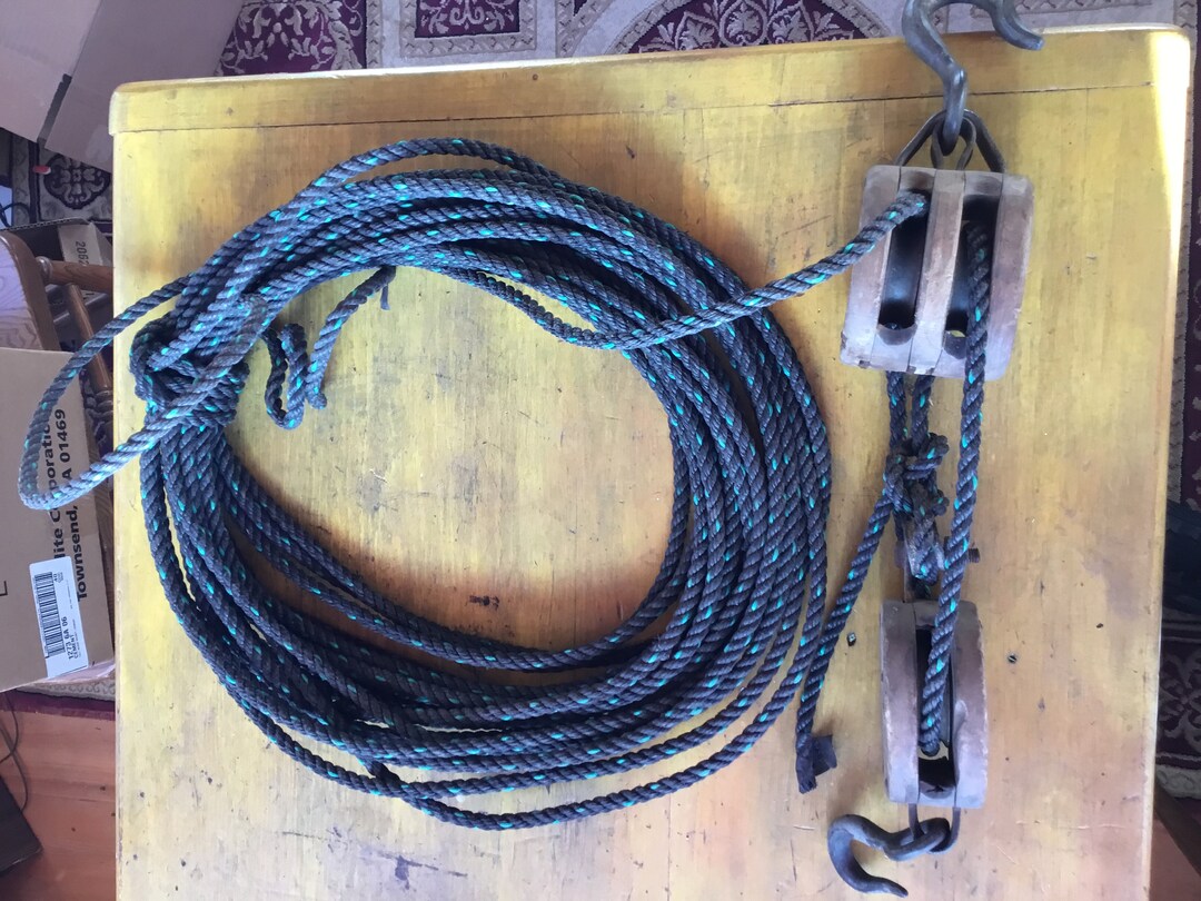 Small Vintage Wooden Double Block Pulley Set W/ Rope Etsy