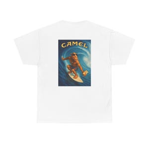 Retro Camel Joe Surfing Backprint Graphic T-Shirt - Cool Vintage Style Camel Cigarettes ad Surfing Hawaii Print - Unique Streetwear
