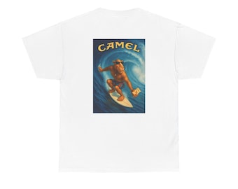 Retro Camel Joe Surfing grafisch T-shirt op de achterkant - Coole vintage stijl Camel Sigaretten ad Surfing Hawaii Print - Unieke streetwear