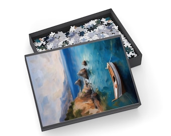May include: A jigsaw puzzle depicting a coastal scene with a small boat on the water near a cliff. The puzzle is in a black box, with some pieces visible in the open lid. The image has a painting-like quality.