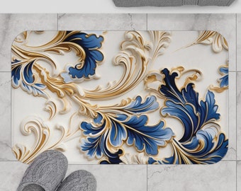 Blue, Gold, White Bath Mat