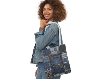 Denim Design Canvas Tote Bag, 5-Color Straps