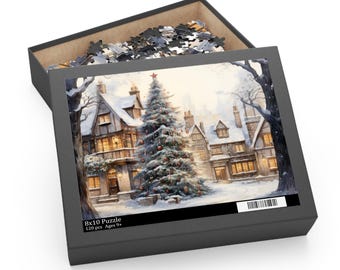 Könnte beinhalten: Ein 120-teiliges Puzzle in einer schwarzen Box, das eine Winterszene mit schneebedeckten Häusern und einem geschmückten Weihnachtsbaum zeigt. Auf der Box steht "8x10 Puzzle" und "Ages 9+". Puzzleteile sind in der geöffneten Box sichtbar.