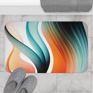 May include: Abstract bath mat with a design of colorful, wavy lines in shades of orange, teal, and black on a white background.