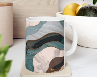 Abstract Waves Ceramic Coffee Mug: Green Gold Teal Art Decor