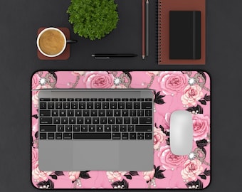 Floral Desk Mat - Pink Rose Pattern, Non-Slip Neoprene