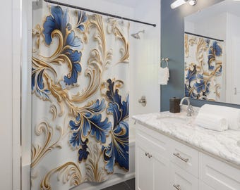 Blue, Gold, White Shower Curtains