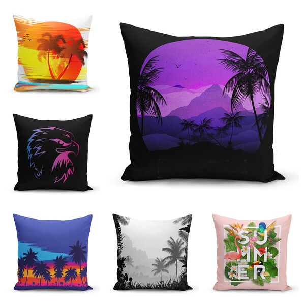 Housse d’oreiller de style hawaïen, taie d’oreiller décorative ensoleillée de style d’été, étui de coussin de palmier et de plage, cadeau de pendaison de crémaillère, cadeau d’anniversaire, fait à la main