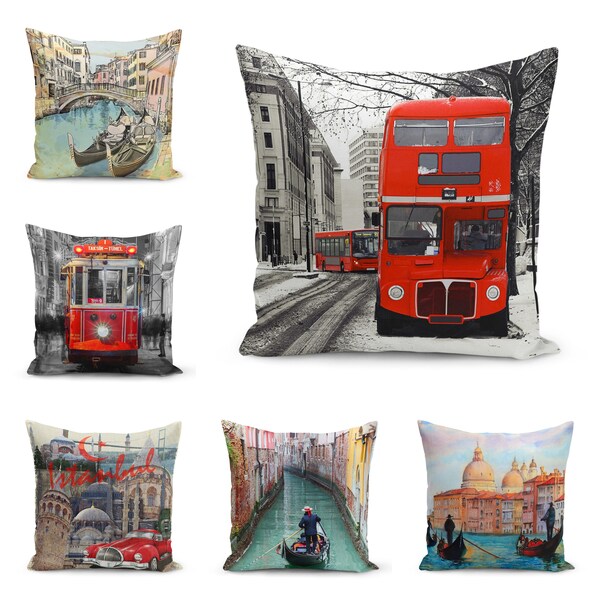 Housse de coussin avec vue sur la ville de Londres, taie d'oreiller motif bus rouge Angleterre, taie de coussin literie canaux de Venise, cadeau de pendaison de crémaillère, cadeau d'anniversaire, fait main