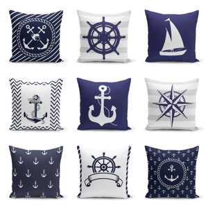 Anchor Pillow Cover,Helm Navy Blue Coastal Decorative Pillow Case,Nautical  Bedding Cushion Case,Housewarming Gift,Birtday Gift,Handmade
