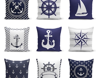 Anchor Pillow Cover,Helm Navy Blue Coastal Decorative Pillow Case,Nautical  Bedding Cushion Case,Housewarming Gift,Birtday Gift,Handmade