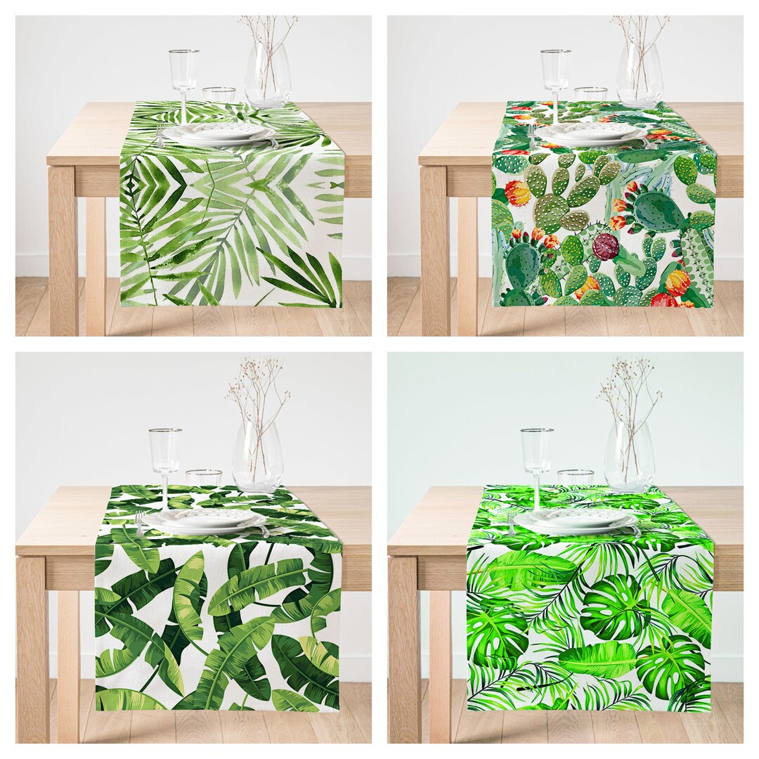 Green Leaves Table Runner,black Dining Room Table Cloth Leaves Kitchen