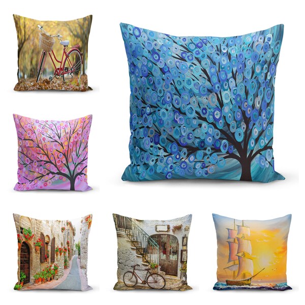 Four Season View Cushion Cover,Spring City View Pillow Case,Bikes Decoration, Garden Party Summer Style Pillow Cover,Housewarming Gift