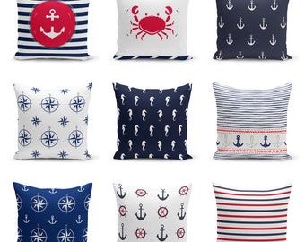 Crab Sealife Pillow Cover,Helm Anchor Navy Blue Coastal Pillow Case,Nautical  Bedding Cushion Case,Housewarming Gift,Birtday Gift,Handmade