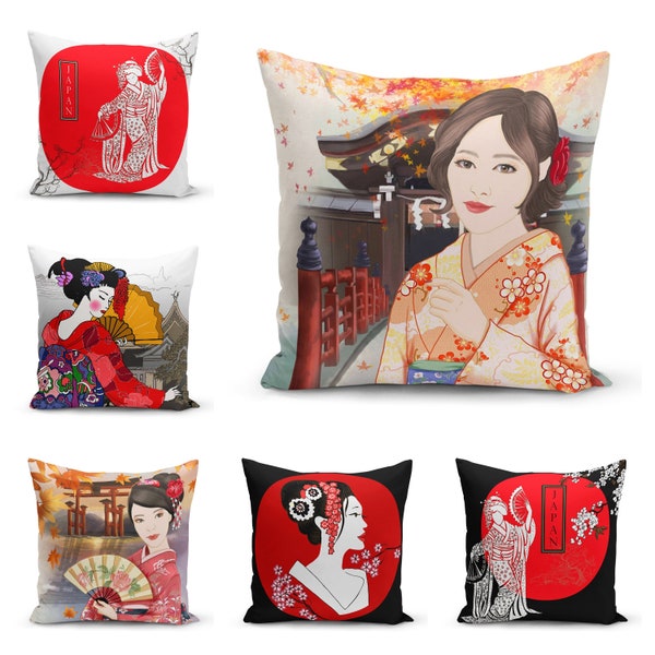 Japanese Temple Cushion Cover,Japanese Lady with Traditional Cloths Cushion Case,Asia Cushion Case,Housewarming Gift,Birtday Gift,Handmade