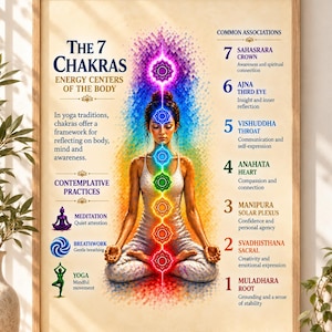 May include: A framed educational poster titled The 7 Chakras Energy Centers of the Body. It features a central illustration of a person in a seated meditation pose with seven glowing, color-coded chakra symbols aligned along the spine.