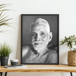 Wooden Framed Portrait Of Ramana Maharshi | Bhagavan Photo | Sage Reminder Image | Sacred Serenity Home Decor | Tranquil Art