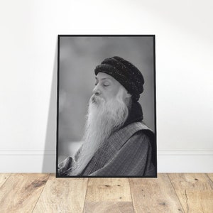 Osho B&W Wooden Framed Portrait | Rajneesh Photo | Sage Reminder Image | Sacred Serenity Home Decor | Tranquil Art