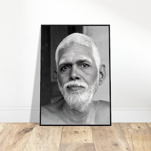 Ramana Maharshi Wooden Framed Portrait  | Bhagavan Photo | Sage Reminder Image | Sacred Serenity Home Decor | Tranquil Art