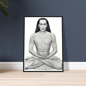 Mahavatar Babaji In Meditation Wooden Framed Drawing | Spiritual Home Wall Decor Picture Art Gift