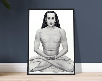 Mahavatar Babaji In Meditation Wooden Framed Drawing | Spiritual Home Wall Decor Picture Art Gift