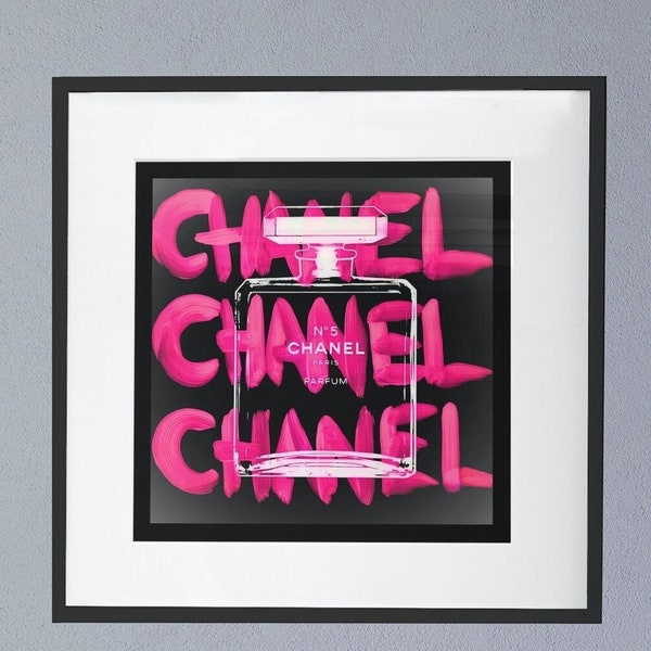 Chanel wall print -  Hot pink Chanel graffiti style - deep black contrasting backdrop - Designer inspired home decor - ready to download