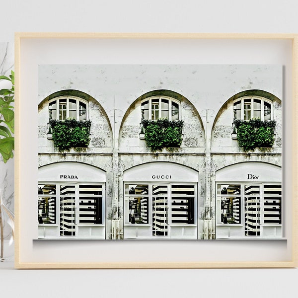 Designer Storefront Print - Digitale download - Prada, Gucci, Dior - High End Luxury Shops - White Stone Facade - neutrale modeprint